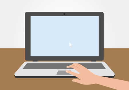 Computer, laptop with blank desktop and hand in flat design vector graphicのイラスト素材