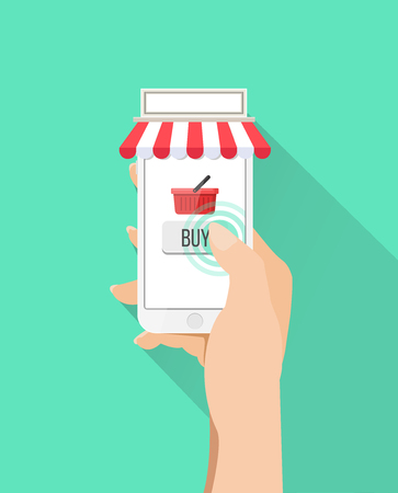 White mobile phone with touch screen display and buy button shopping basket isolated on white backgroundのイラスト素材