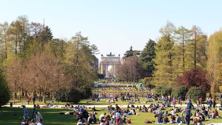 Parco Sempione Simplon Park in Milan with Arch of Peace in backgroundのeditorial素材