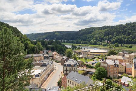 Cityscape of Bad Schandau with Toskana Thermal Baths in Saxon Switzerlandのeditorial素材