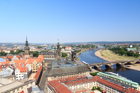 View of Dresden cityscape with river Elbe, Saxon Standehaus, church Dresden Cathedral and tower Hausmannsturmの写真素材