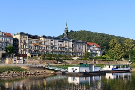 Bad Schandau Elbe promenade with Hotel Elbresidenz and landing pier in Saxon Switzerlandのeditorial素材