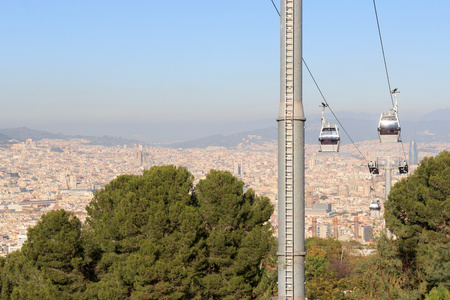 Aerial gondola lift with cable car and Barcelona cityscape panorama seen from Montjuic, Spain