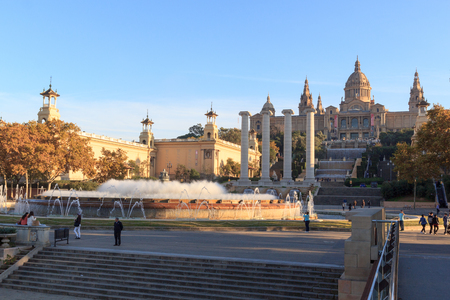 Palau Nacional (National art museum of Catalonia), Four columns and Magic fountain in Barcelonaのeditorial素材