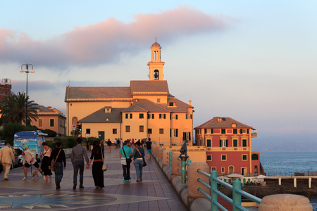 Main promenade Corso Italia and church St. Anthony at sunset in Boccadasse, Genoa, Italyのeditorial素材
