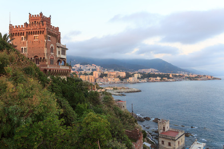 Panorama with Boccadasse castle, coast and Mediterranean Sea, Genoa, Italyのeditorial素材