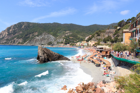 Beach at Cinque Terre village Monterosso al Mare and Mediterranean Sea, Italyのeditorial素材