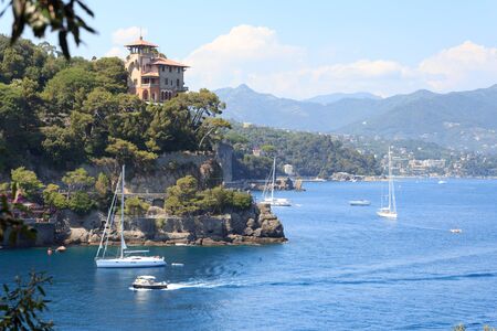 Liguria coast and Mediterranean Sea with boats near Portofino, Italyの写真素材