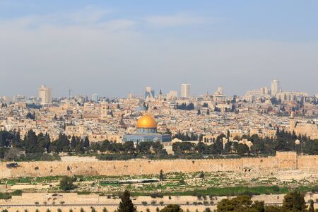Jerusalem Old city cityscape panorama with Dome of the Rock with gold leaf on Temple Mount and...