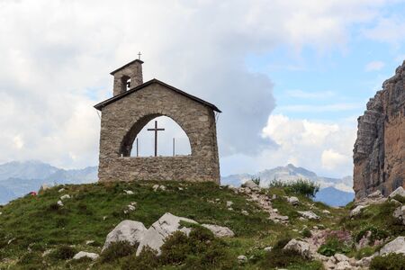 Chapel Cappella Ai Brentei near Rifugio Brentei in Brenta Dolomites mountains, Italyの写真素材