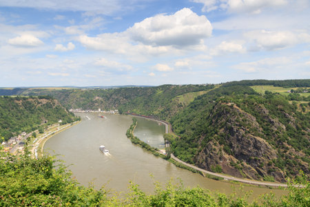 Lorelei rock and river Rhine gorge panaroma, Germanyの写真素材
