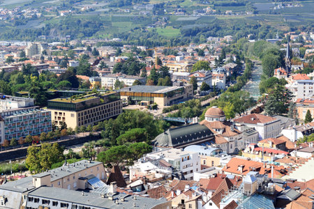 Panorama view with Kurhaus of Merano and Merano Thermal Baths at river Passer, South Tyrol, Italyの写真素材