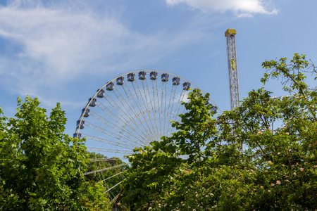 Ferris wheel and drop tower at Volksfest Erlangener Bergkirchweih in Erlangen, Germany