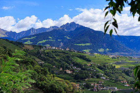 Panorama with castle Schloss Brunnenburg, vineyards, village Tirol (Dorf Tirol) and mountain summit...