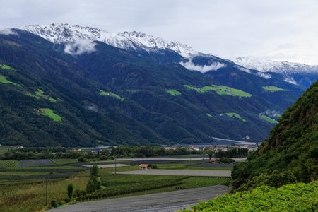 Mountain panorama with snowcapped mountains of Zufrittkamm in Ortler Alps and valley Etschtal on a...