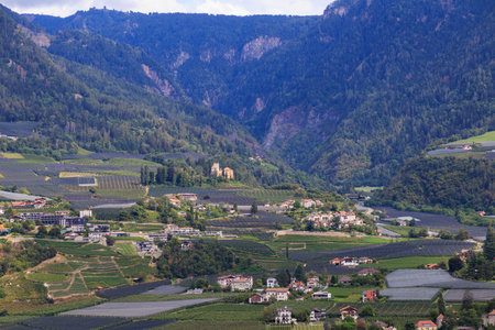 Mountain panorama of Merano area Maia Alta (Obermais) with Gaiano Castle in South Tyrol, Italyの写真素材