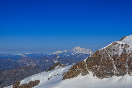 Mont Blanc massif and mountain glacier panorama seen from Pennine Alps, Italyの写真素材