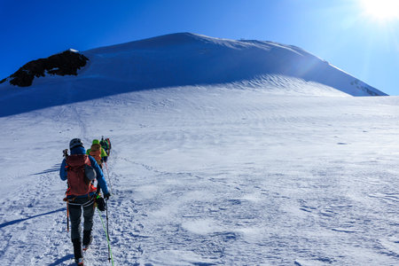 Mountaineers in rope team with crampons ascending towards mountain summit Parrotspitze and glacier...