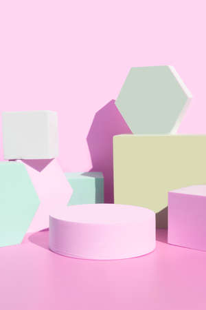 bubble gum pink podium with geometric shapes background pastel colored stage for product promotion