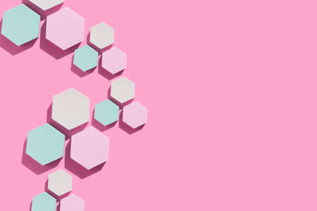 hexagon podiums with prominent shadow on a pink background flat display for your product