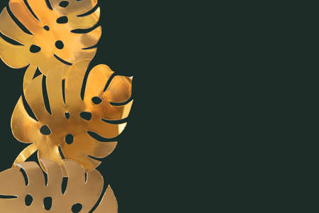gold paper monstera leaves border on a dark bottle green background festive Christmas backdrop with copy spaceの写真素材