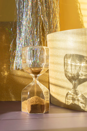 Hour glass with golden sand on a shiny festive gold paper background front view