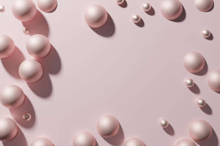 3d render pink matte metallic spheres and pearles frame on a light pastel pink background flat lay styleの写真素材