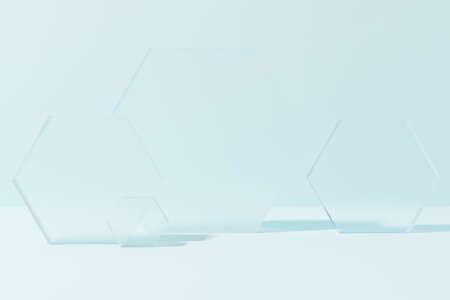 3d render glass hexagons on an icy blue background with shadows template for product displayの写真素材