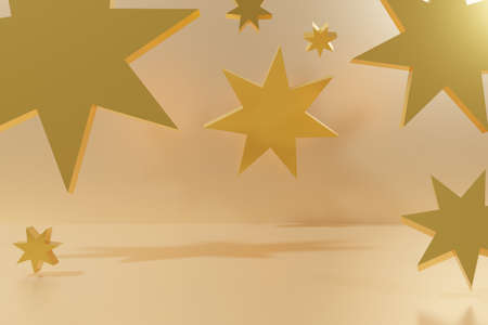3d render of flying gold glass stars on beige background template for your christmas project
