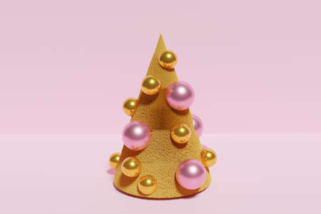 3d render of gold artificial Christmas tree with pink and gold baubles on a pastel pink background front viewの写真素材
