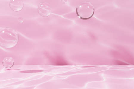 3d render of glass bubbles frame in a pink swimming pool like setting with light glaresの写真素材