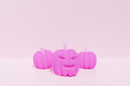 3d render of neon colored pink pumpkins on a pastel pink background for Halloween