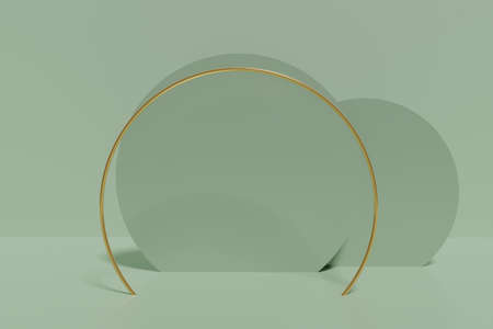 3d render of basil green color product backdrop scene of round shapes on a mint background with golden ringの写真素材
