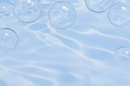 3d render of glass bubbles frame in a blue swimming pool like setting with light glares