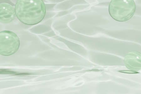3d render of glass bubbles frame in a basil green swimming pool like setting with light glares for your projectの写真素材