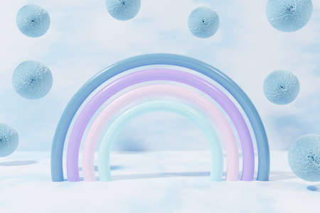 3d render of fun modern summer rainbow on a blue skybackground with flying fur fluffy balls for kids backgroundの写真素材