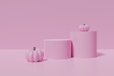 3d render of pastel pink podiums with pink pumpkins on a monochrome background for Halloween projectの写真素材