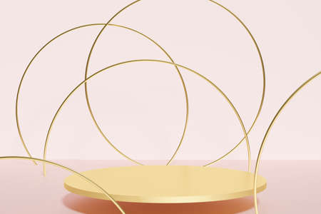 3d render of golden podium with golden rings on a pastel pink background for your product showcase