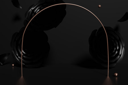 3d redner of black paper roses with petals gold flying balls and a golden arch on a black background...