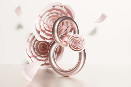 3d render of interlocking rings in a shape of an eight with flowers and flying petals on ivory...