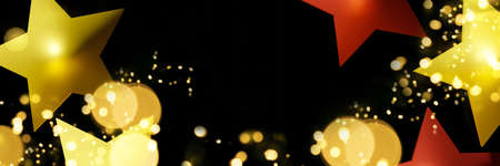 3d render of golden and red stars on a black background banner with golden bokeh lights for...