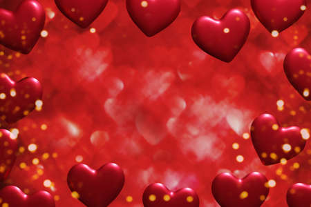 3d render of red hearts frame with heart bokeh for Valentines Day projectの写真素材