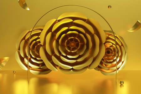 3d render of beautiful gold flowers with a golden ring and flying spheres and petals on a golden background for your luxury beauty projectの写真素材