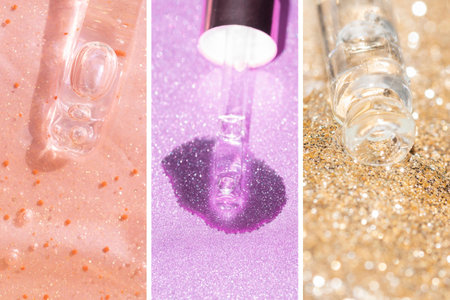collage of three face serum droppers close ups for a beauty projectの写真素材