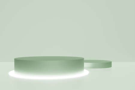 3d render of basil green podium on mint background with neon lightsの写真素材