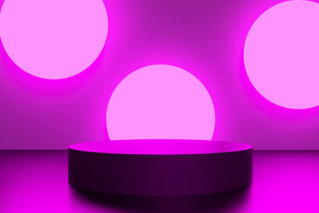 3d render of violet podium on purple background with neon lights