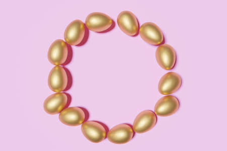 3d render of shiny gold easter eggs frame wreath on a pastel pink background for Easter