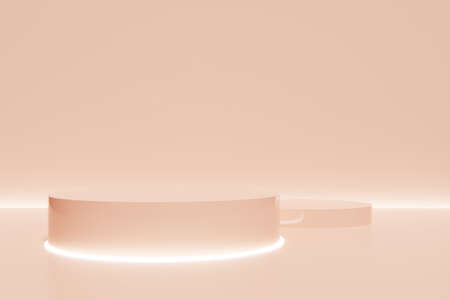 3d render of calming coral podium on orange background with neon lightsの写真素材