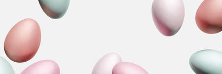 3d render of flying pastel colored Easter eggs on a white background for your spring projectの写真素材