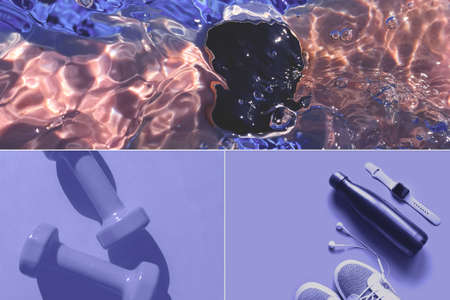 inspiration fitness collage for 2022 color of the year with dumbbells, trainers, smart watch and swimming pool toned violetの写真素材